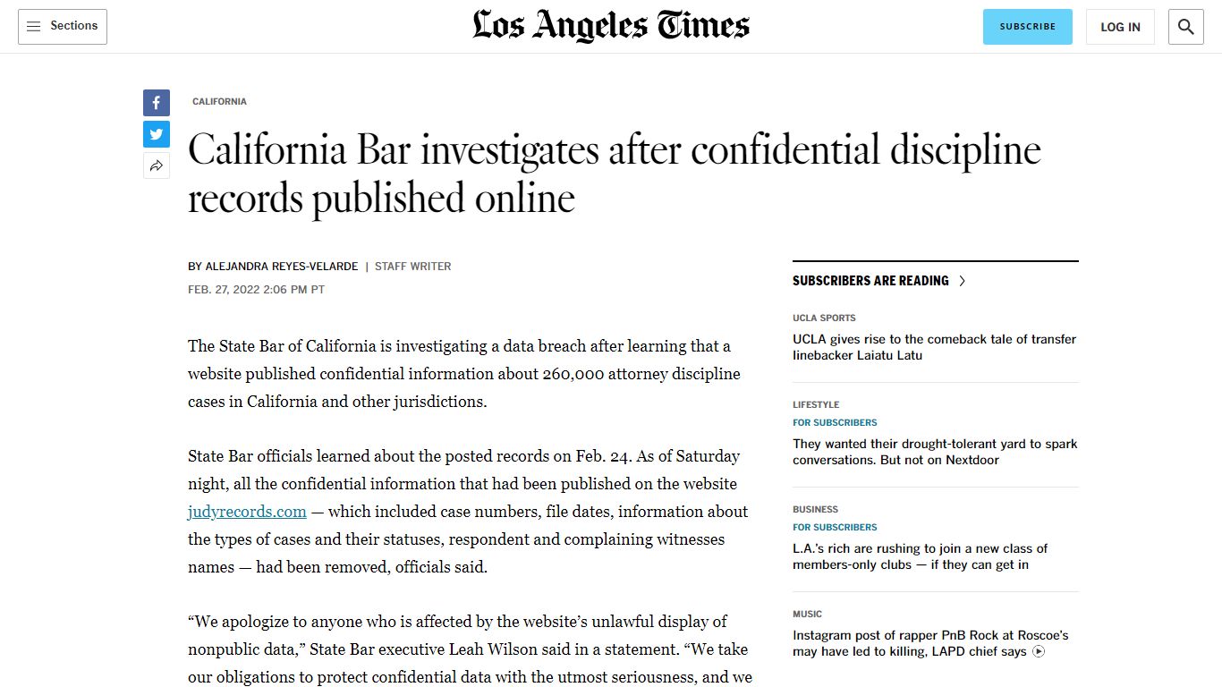 California Bar investigates after confidential records published - Los ...